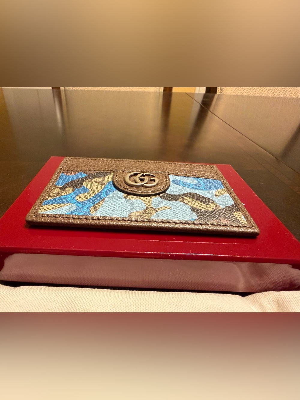 New Authentic Gucci GG Supreme Logo Card Case Wallet Brown Blue Leather - Picture 6 of 10